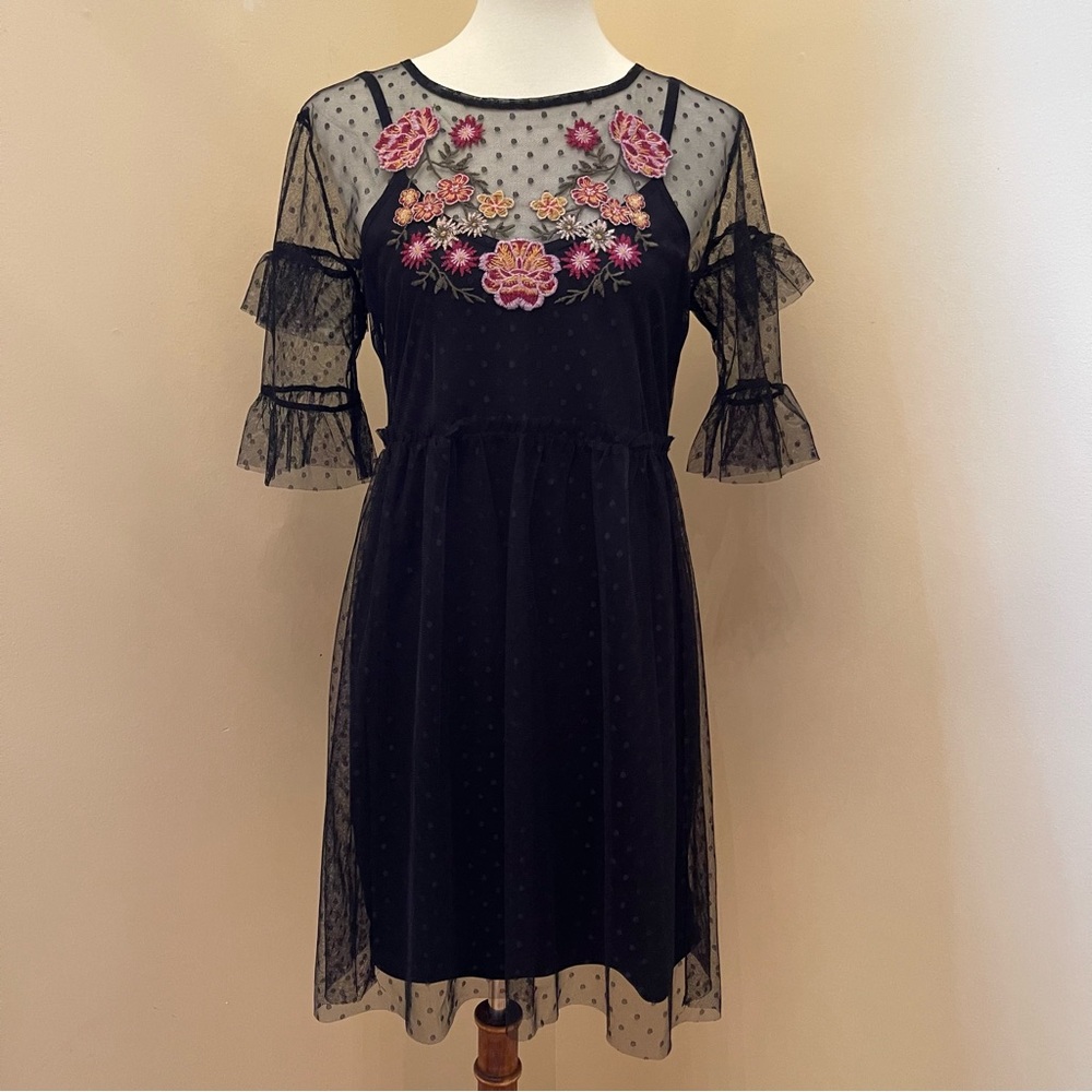 Blue Rain Lace Overlay Dress with Floral Embroidery